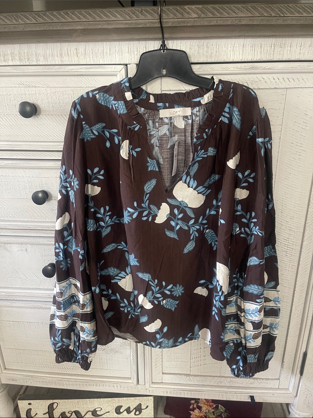 LOFT Brown Blouse with Blue & Cream Floral Print